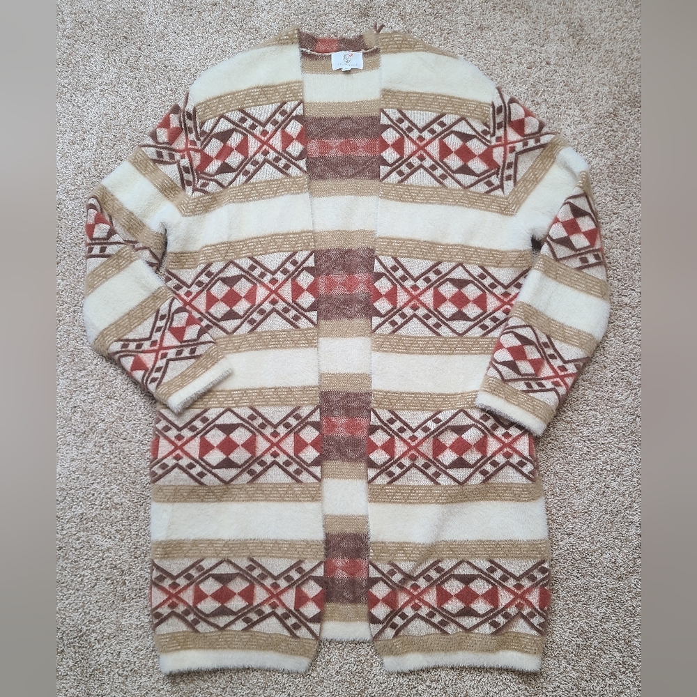 Soft Fuzzy Aztec Southwest Western Long Mohair Cardigan